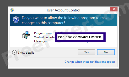 Screenshot where COC COC COMPANY LIMITED appears as the verified publisher in the UAC dialog